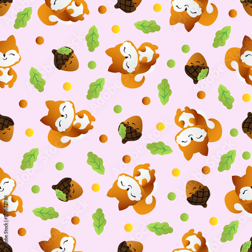 seamless pattern with smiling squirrel with acorns and oak leaves on a pink background 