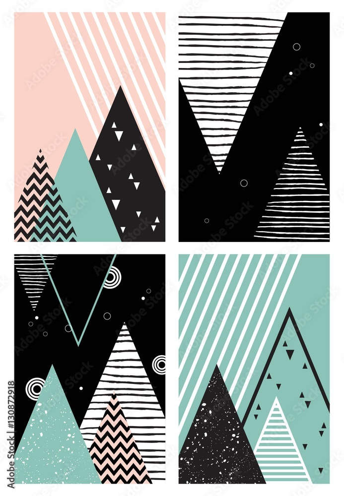 Plakat Abstract geometric Scandinavian style pattern set with mountains, trees and triangles.