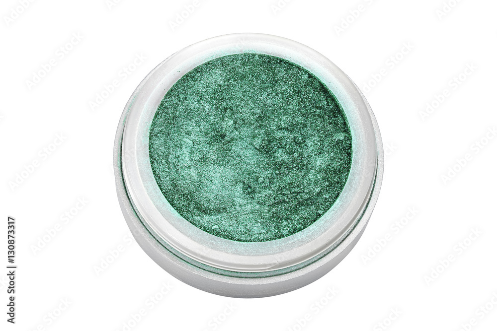 Green color eyeshadow powder with glitter particles, in round grey open container, frontal view, beauty product isolated on white background Green color eyeshadow powder with glitter particles, in round grey open container, frontal view, beauty product isolated on white background