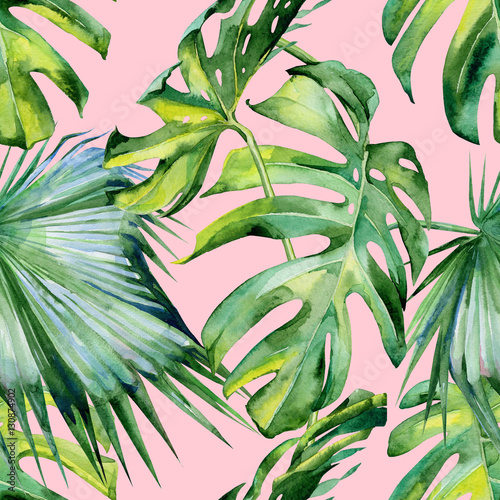 Seamless watercolor illustration of tropical leaves, dense jungle. Hand paint...