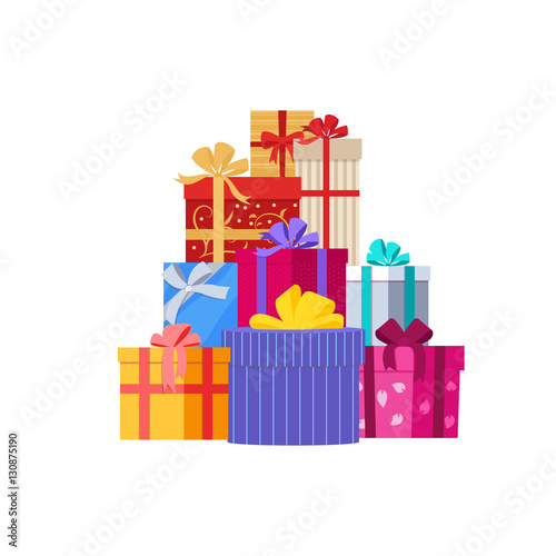 Big pile of colorful wrapped gift boxes. Gift symbol. Christmas gift box. Isolated vector illustration