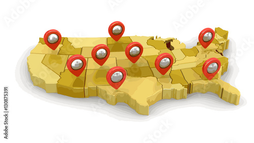 Map of USA with Pointers. Image with clipping path.