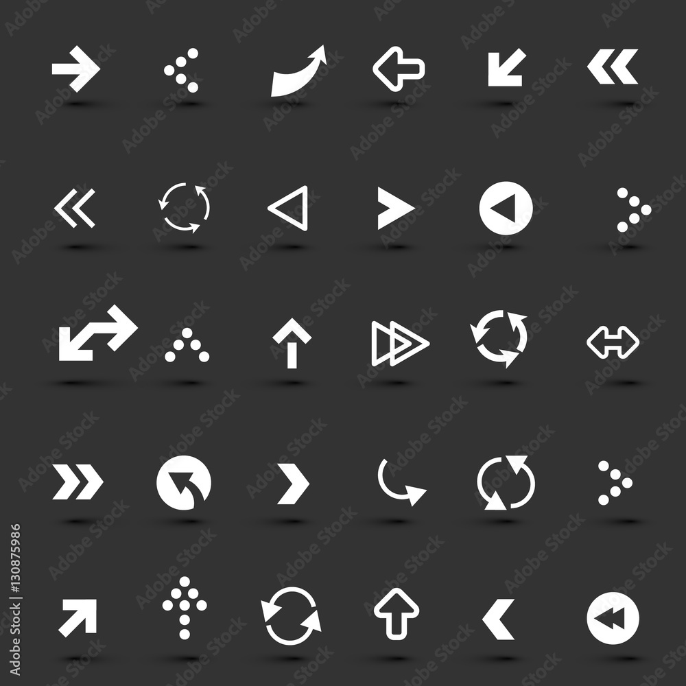 Arrow Icons Set. White Vector App Arrows Buttons on Dark Background. Arrow Icons Set. White Vector App Arrows Buttons on Dark Background.