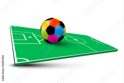 Colorful Soccer Ball on Abstract Empty Football Field. Vector 3D Illustration.