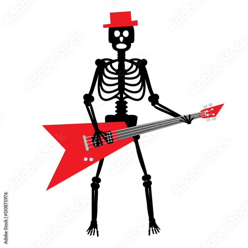 Human Skeleton with Guitar. Crazy Punk  Rock Guitarist with Red Hat Vector Cartoon.