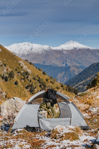 Unmounted tent with view of the mountains