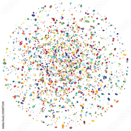 Abstract colorful explosion of confetti, isolated on white background. Abstract background with many falling tiny confetti pieces. Holiday or party background. Multicolored confetti. Flat style