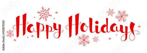 Red HAPPY HOLIDAYS banner in faux calligraphy hand-drawn font with snowflakes