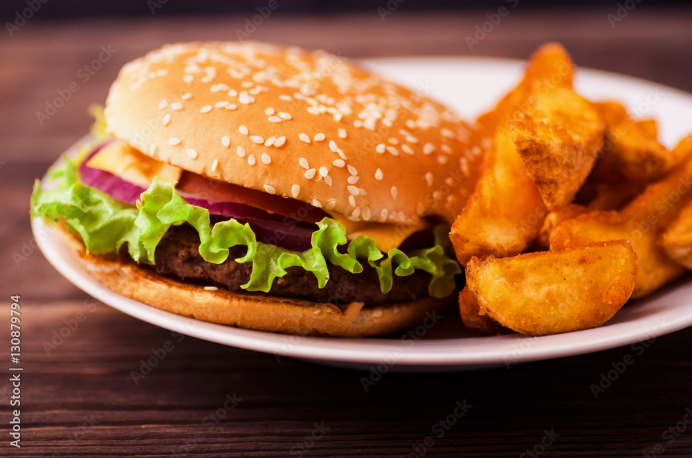 Burger with fries on a plate