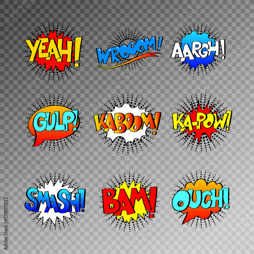 collection of nine multicolored comic sound effects in pop art s