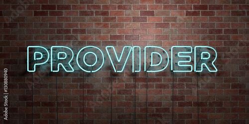 PROVIDER - fluorescent Neon tube Sign on brickwork - Front view - 3D rendered royalty free stock picture. Can be used for online banner ads and direct mailers..