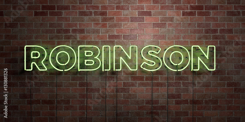 ROBINSON - fluorescent Neon tube Sign on brickwork - Front view - 3D rendered royalty free stock picture. Can be used for online banner ads and direct mailers..