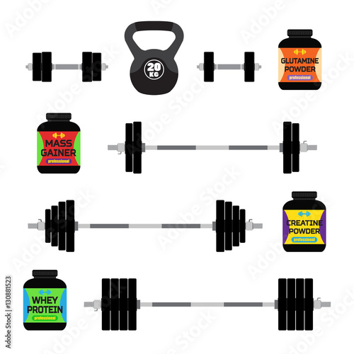 Sports nutrition, supplements, barbells, whey protein, gainer bars. Flat style.