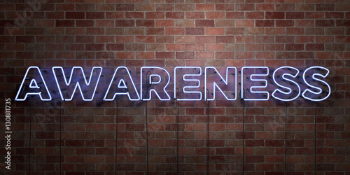 AWARENESS - fluorescent Neon tube Sign on brickwork - Front view - 3D rendered royalty free stock picture. Can be used for online banner ads and direct mailers.. photo
