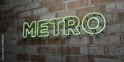 METRO - Glowing Neon Sign on stonework wall - 3D rendered royalty free stock illustration.  Can be used for online banner ads and direct mailers..