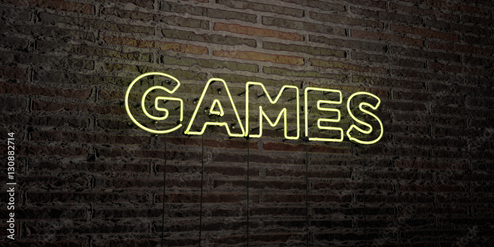 GAMES -Realistic Neon Sign on Brick Wall background - 3D rendered