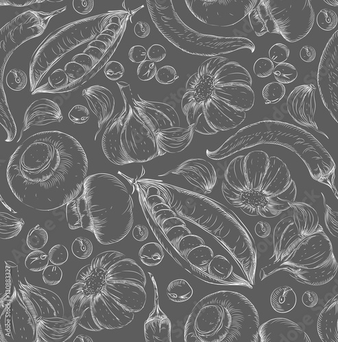 Seamless hand drawn background. Sketch style set of vegetables. Vintage eco food. Vector illustration.
