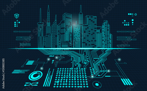 abstract technology background; digital building in a matrix style; technological city combined with electronic board