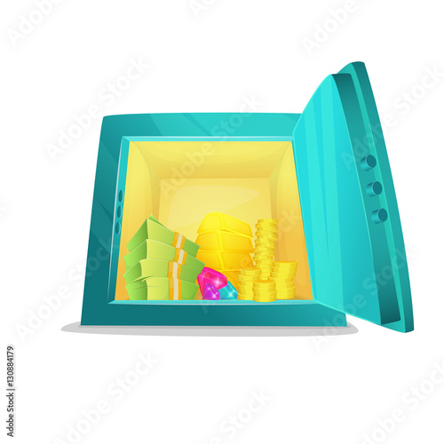 Cartoon safe front view. Opened metallic cartoon safe with money inside, gold bar, coins, stacks of dollar cash. Vector illustration safe full of riches