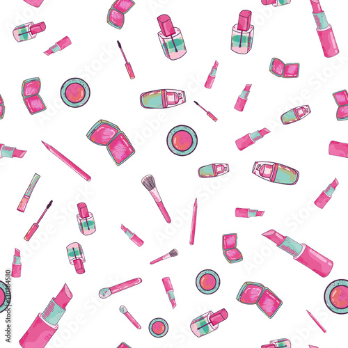 Make up cosmetics seamless pattern in bright girlish colors. Make up artist objects. Cosmetics set.