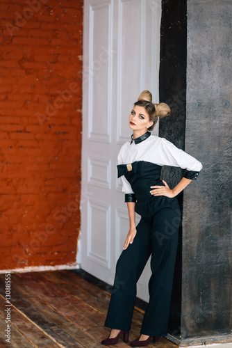 beautiful elegance lady brunette happy face in a stylish suit