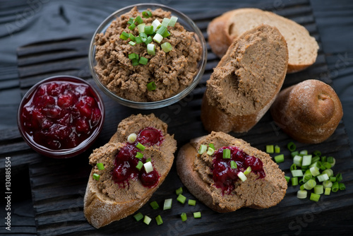 Appetizers with chicken liver pate and cranberry sauce