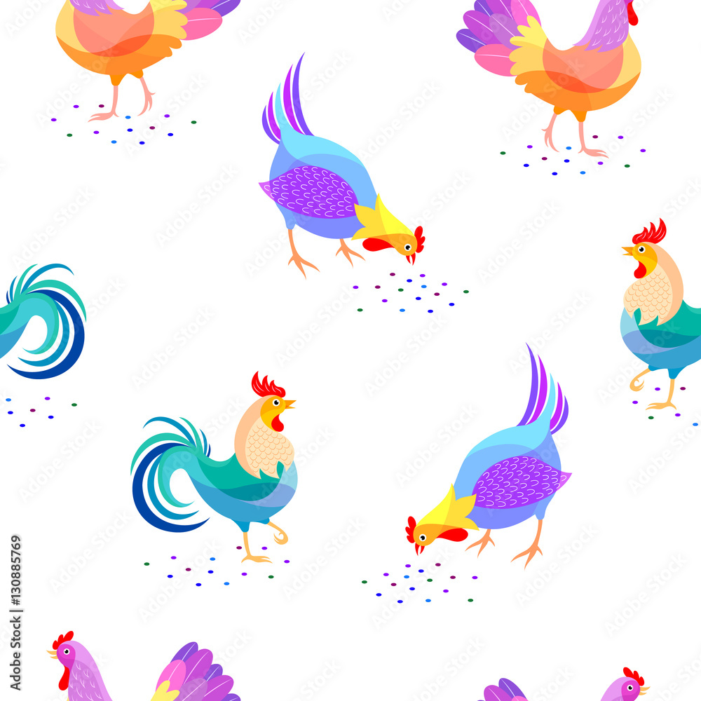 Stylized Chickens. Roosters seamless pattern,  illustration. Chinese New Year symbol design isolated on white background.