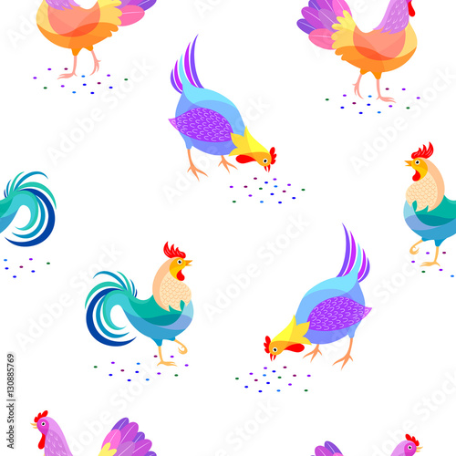 Stylized Chickens. Roosters seamless pattern   illustration. Chinese New Year symbol design isolated on white background.