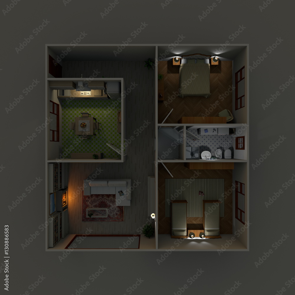 3d interior rendering of square illuminated furnished home apartment by night 3d interior rendering of square illuminated furnished home apartment by night