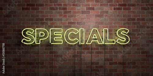 Фотография SPECIALS - fluorescent Neon tube Sign on brickwork - Front view - 3D rendered royalty free stock picture