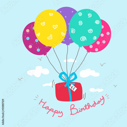Happy Birthday gift box and colorful balloon cartoon illustration