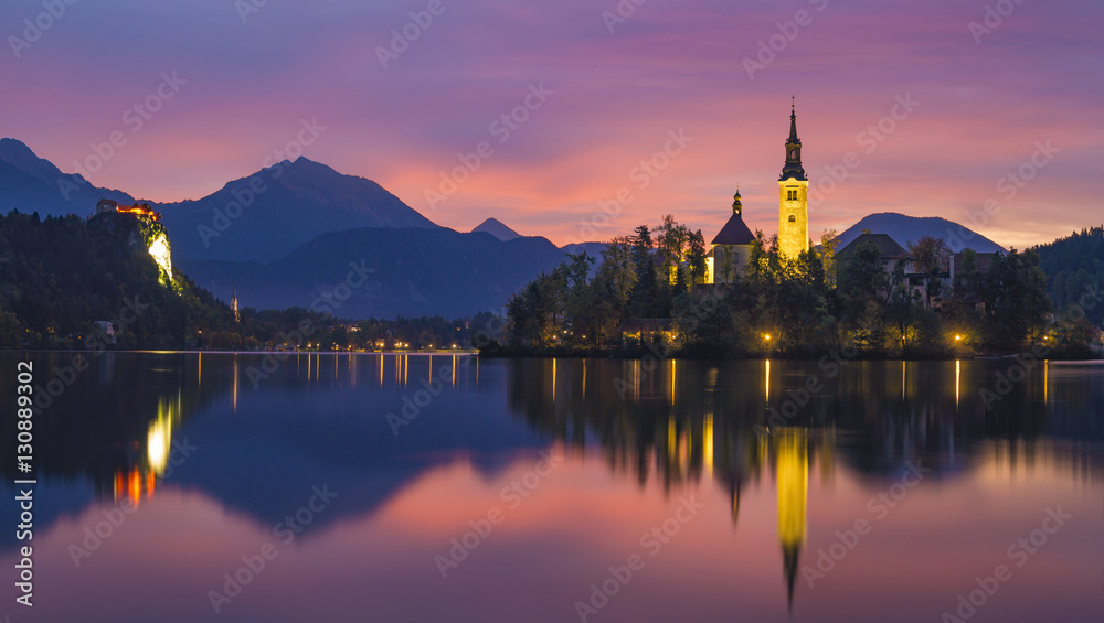 beautiful sunrise on the lake bled