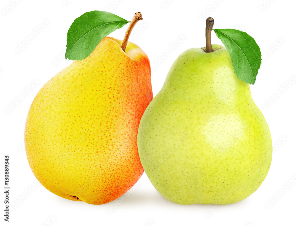 Two whole pear fruits isolated on white, clipping path