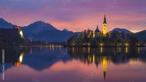 beautiful sunrise on the lake bled