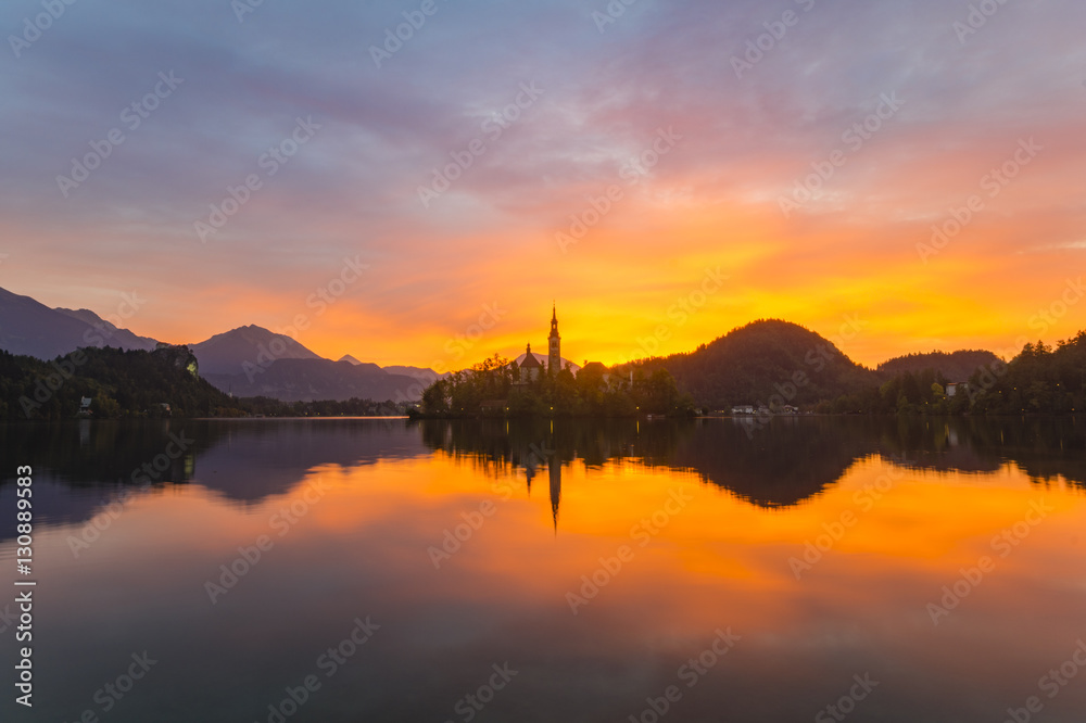 beautiful sunrise on the lake bled
