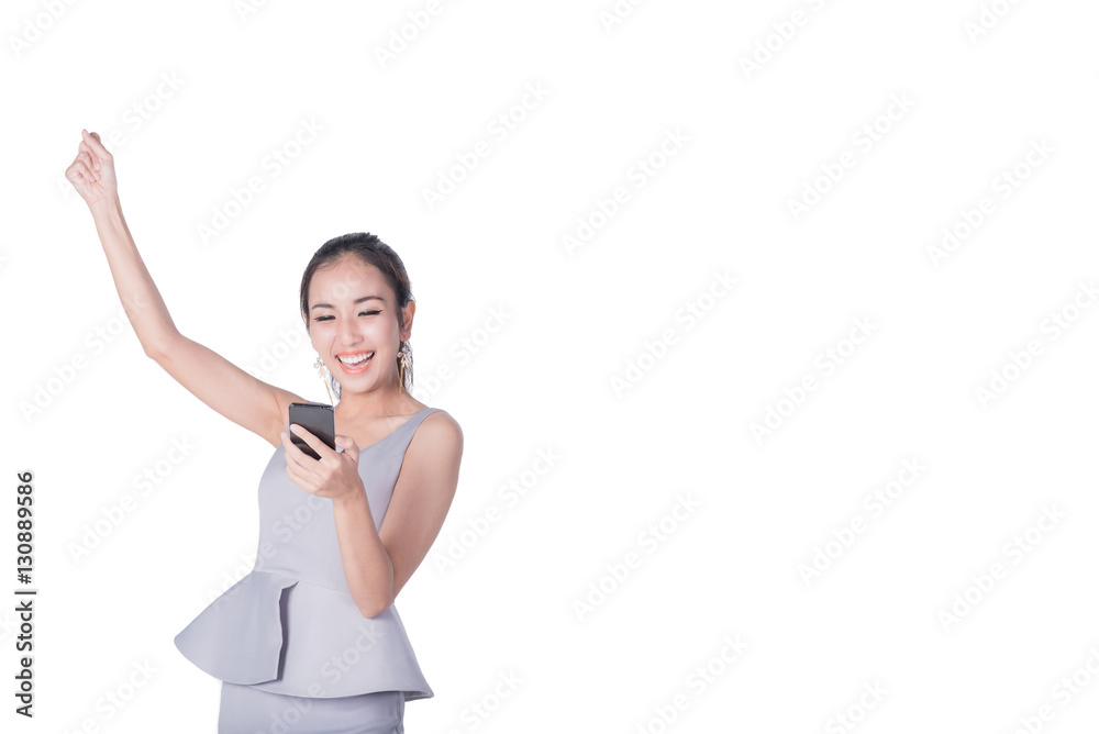 Potrait of young happy beautiful Asian woman arm up to celebrat and excite while holding smartphone mobile. Image with clipping path Potrait of young happy beautiful Asian woman arm up to celebrat and excite while holding smartphone mobile. Image with clipping path