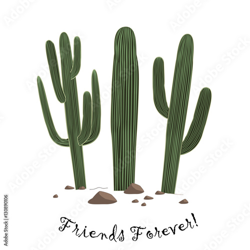Set of three cute cartoon Saguaro cactus . Friends forever text.