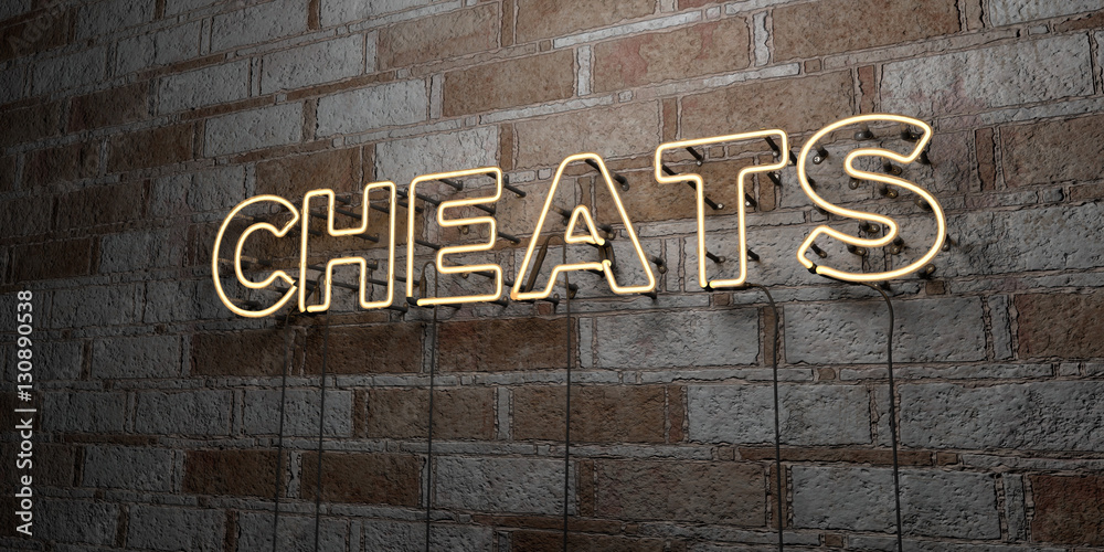 CHEATS - Glowing Neon Sign on stonework wall - 3D rendered royalty free stock illustration.  Can be used for online banner ads and direct mailers..
