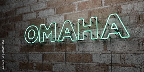 OMAHA - Glowing Neon Sign on stonework wall - 3D rendered royalty free stock illustration.  Can be used for online banner ads and direct mailers..