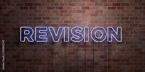 REVISION - fluorescent Neon tube Sign on brickwork - Front view - 3D rendered royalty free stock picture. Can be used for online banner ads and direct mailers.. photo