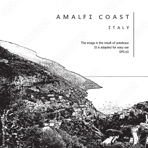 Amalfi coast, Italy. Coastline, sea, houses. Illustration in graphic style.
The vector image is the result of auto-trace. It is adapted for easy use.