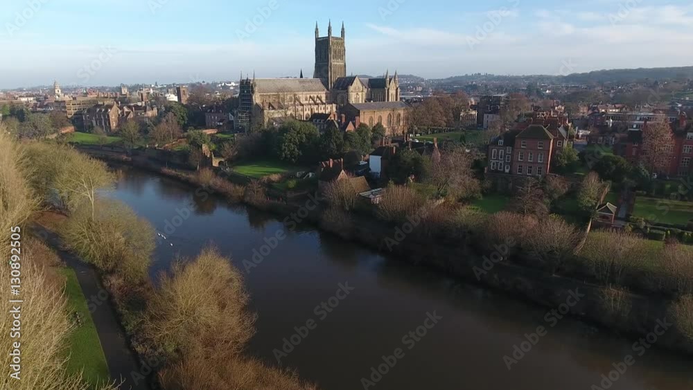 Low aerial shot over the river Severn in Worcester, UK. Low aerial shot over the river Severn in Worcester, UK.