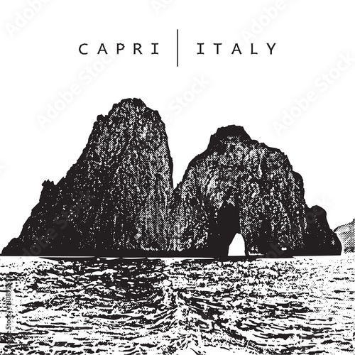 Capri, Italy. Vector illustration of of the famous place - coastal rocks Faraglioni. 
Illustration of scenic landscape in graphic style.