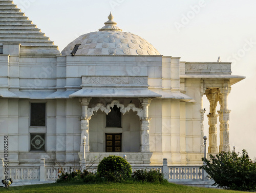 Side view of the front part of and a first dome of the public Laxmi Narayan Hindu Temple (Birla Mandir) in Jaipur. Rajasthan, India