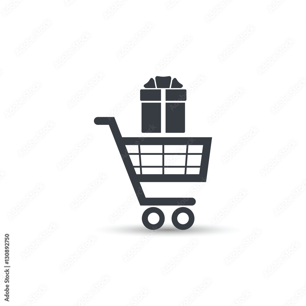 Shopping cart and gift box,vector simple illustration.