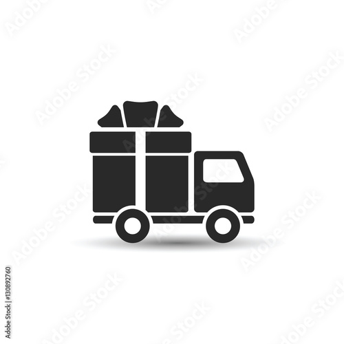 Truck and gift, vector. Delivery truck with gift box. Flat vector illustration.