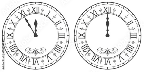 Clock with Roman numerals. New Year midnight 12