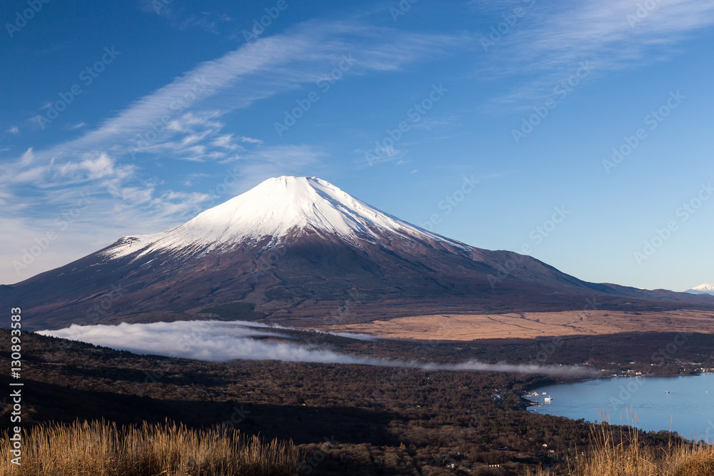 Mt.Fuji and Yamanakako. Shot in the early morning.The foreground is Silver grass. Mt.Fuji and Yamanakako. Shot in the early morning.The foreground is Silver grass.