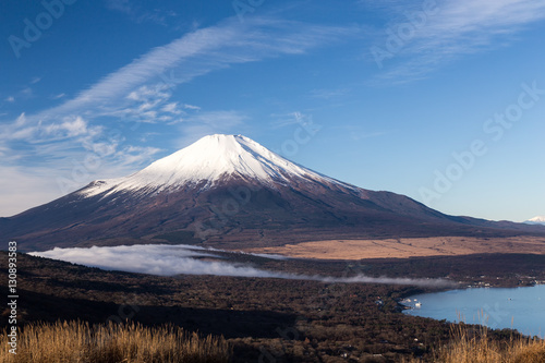 Mt.Fuji and Yamanakako. Shot in the early morning.The foreground is Silver grass.