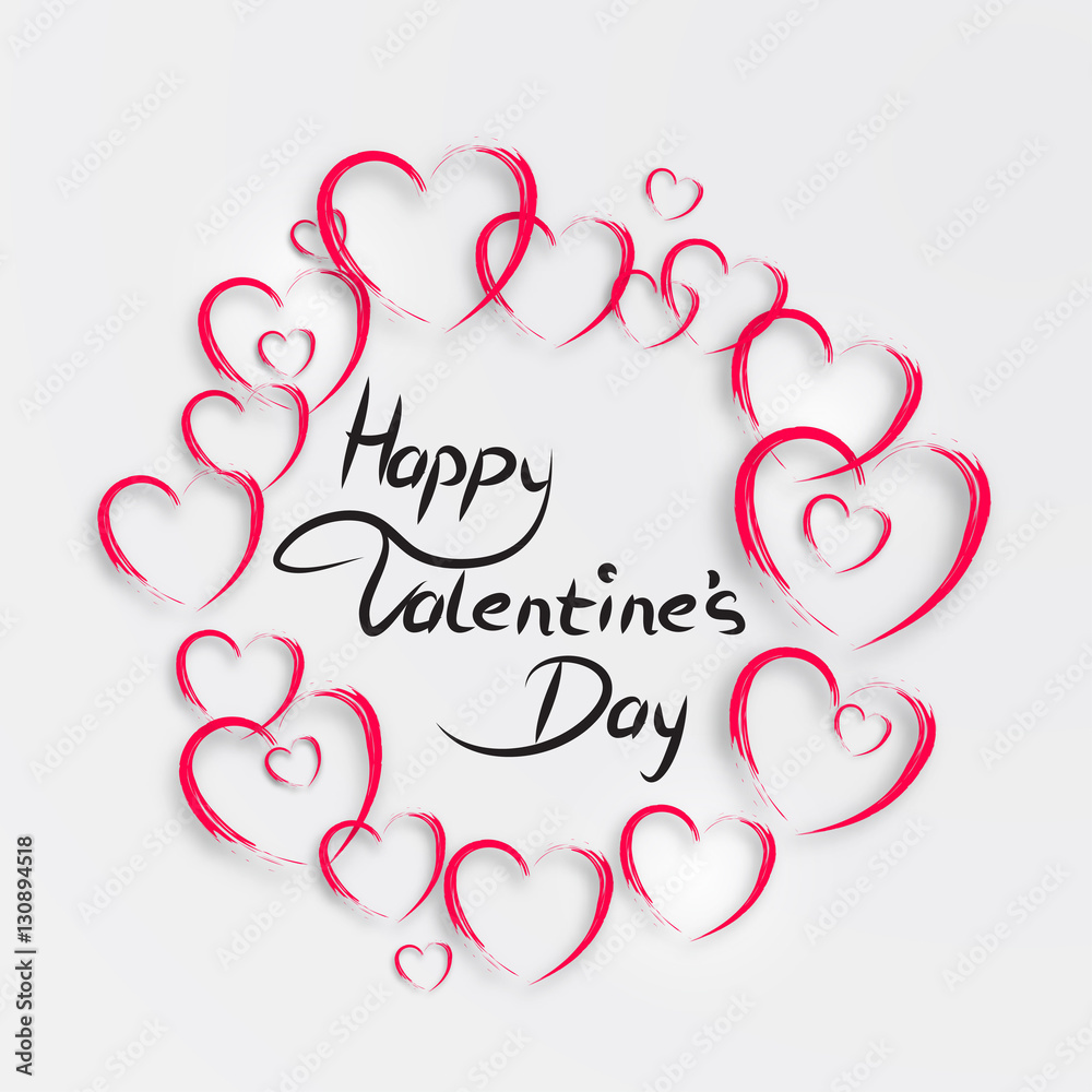 Happy Valentine's Day vector greeting card, brush pen lettering on white banner